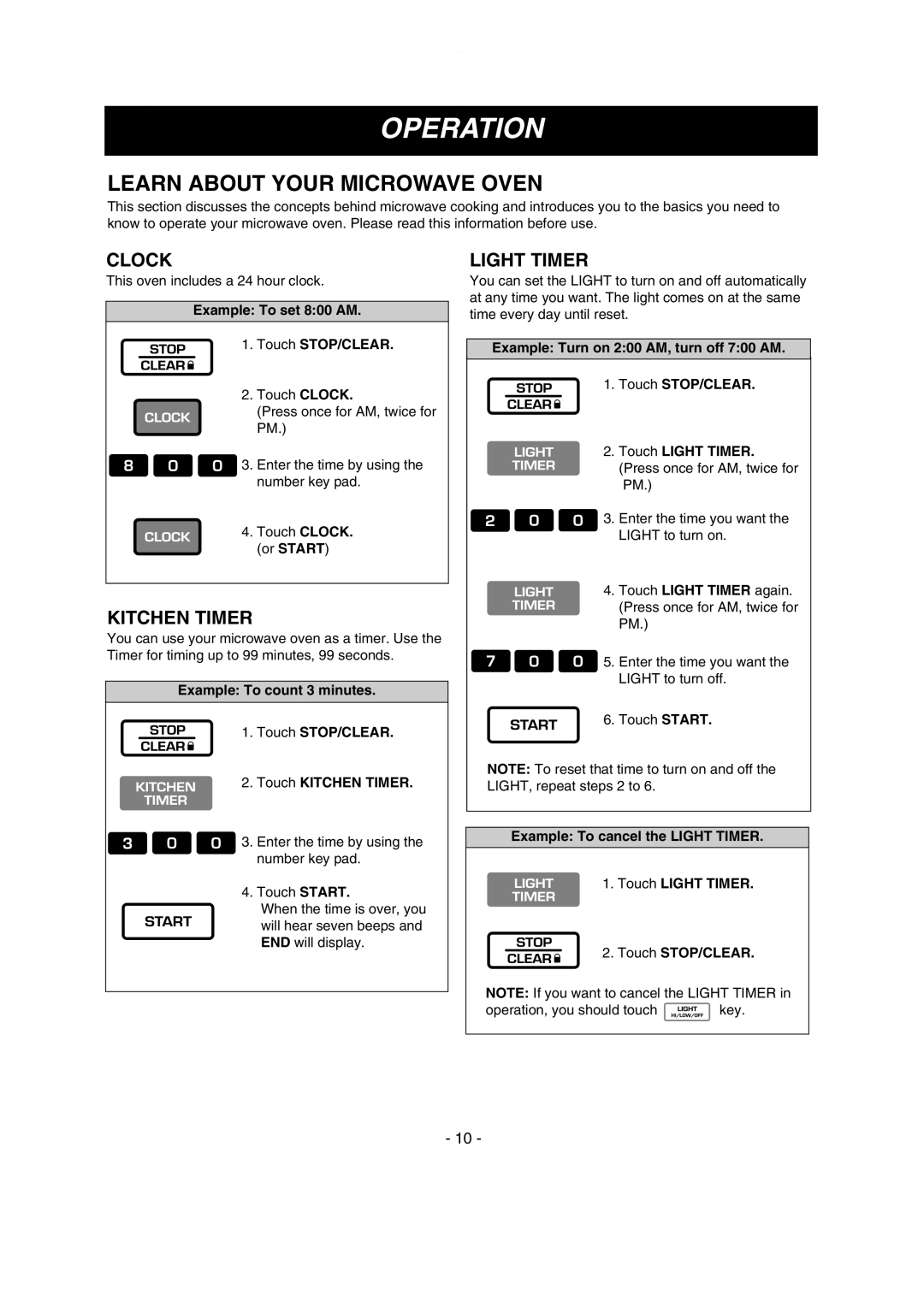 LG Electronics LMV1635SW, LMV1635SBQ owner manual Operation, Clock, Kitchen Timer, Light Timer 