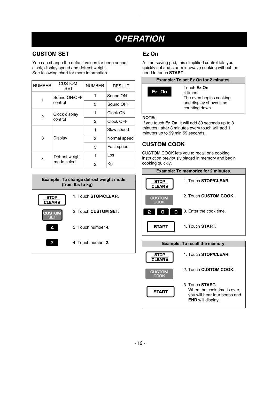 LG Electronics LMV1635SW Custom SET, Custom Cook, Number Custom Result SET, Example To set Ez On for 2 minutes 