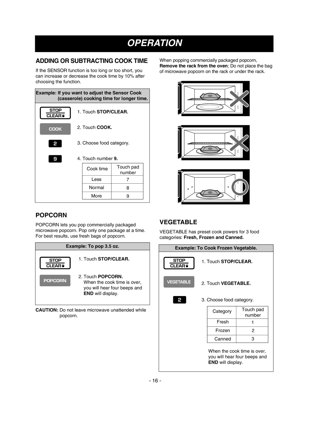 LG Electronics LMV1635SW, LMV1635SBQ owner manual Adding or Subtracting Cook Time, Popcorn, Vegetable 