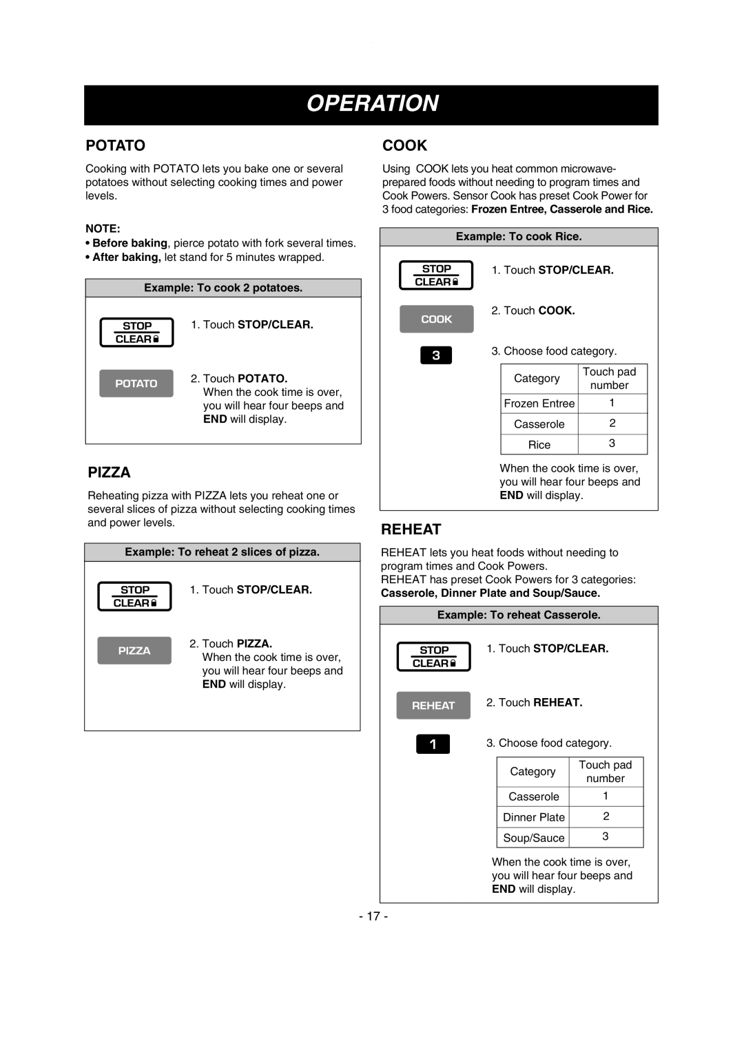 LG Electronics LMV1635SBQ, LMV1635SW owner manual Potato, Pizza, Cook, Reheat 