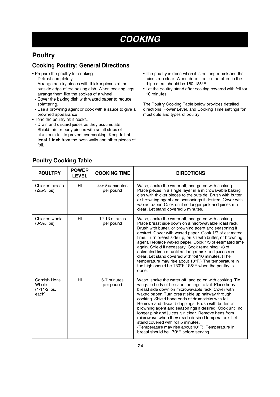 LG Electronics LMV1635SW, LMV1635SBQ owner manual Cooking Poultry General Directions, Poultry Cooking Table 