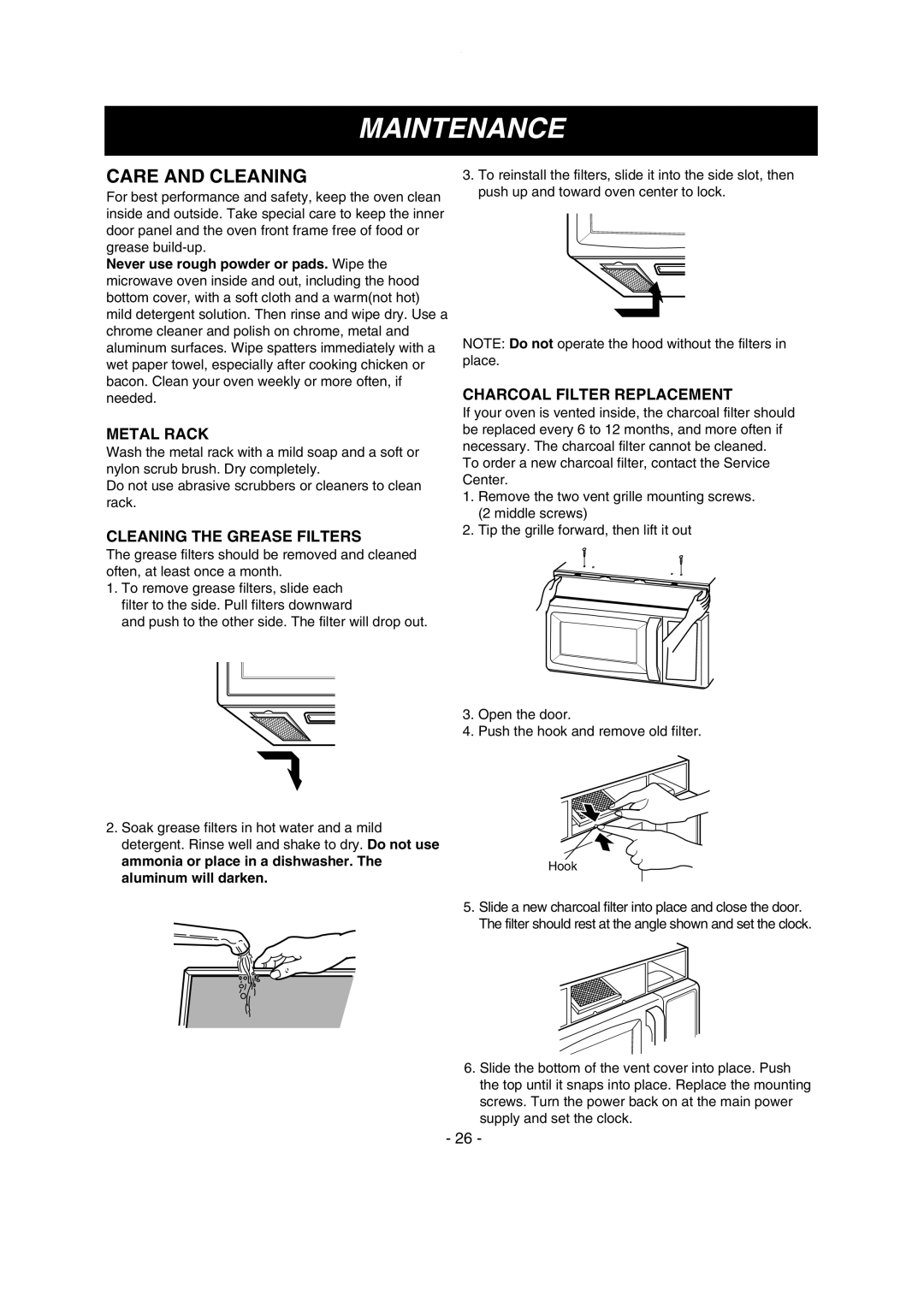 LG Electronics LMV1635SBQ, LMV1635SW owner manual Maintenance, Care and Cleaning, Metal Rack, Cleaning the Grease Filters 