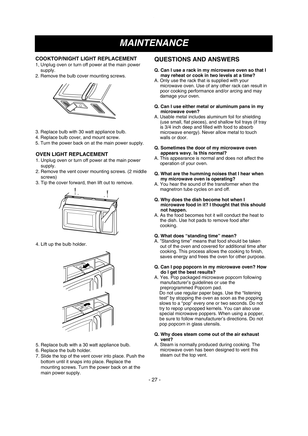 LG Electronics LMV1635SW, LMV1635SB Questions and Answers, COOKTOP/NIGHT Light Replacement, Oven Light Replacement 