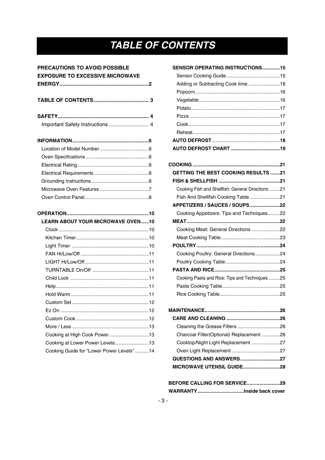 LG Electronics LMV1635SW, LMV1635SBQ owner manual Table of Contents 