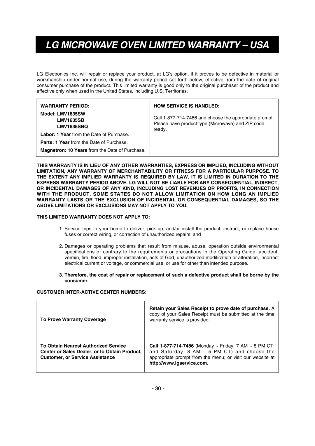LG Electronics LMV1635SW owner manual LG Microwave Oven Limited Warranty USA, Warranty Period, LMV1635SB LMV1635SBQ 