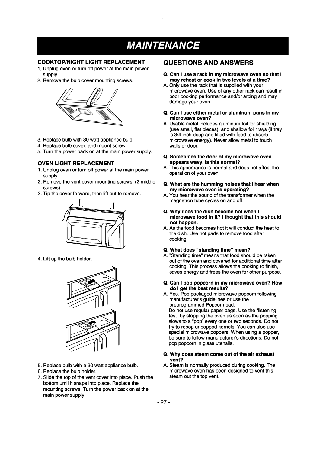 LG Electronics LMV1635SW Questions And Answers, Maintenance, Cooktop/Night Light Replacement, Oven Light Replacement 