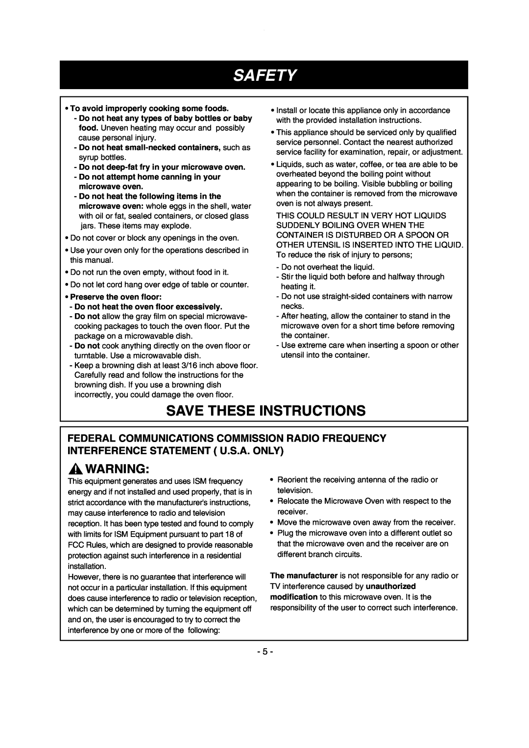 LG Electronics LMV1635SBQ Save These Instructions, Safety, To avoid improperly cooking some foods, Preserve the oven floor 