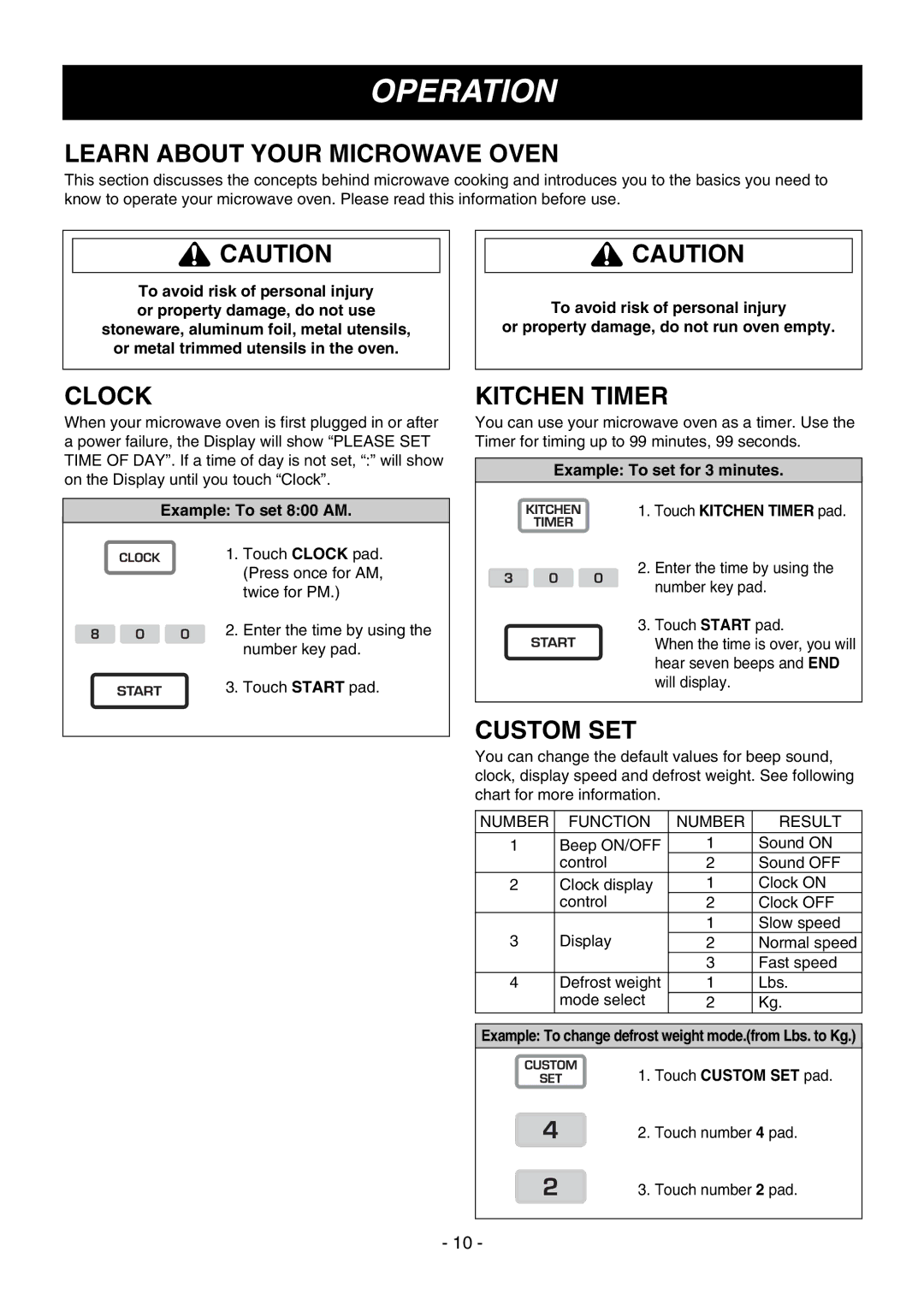 LG Electronics LMV1645SB, LMV1645ST, LMV1645SW Operation, Learn about Your Microwave Oven, Clock, Kitchen Timer, Custom SET 