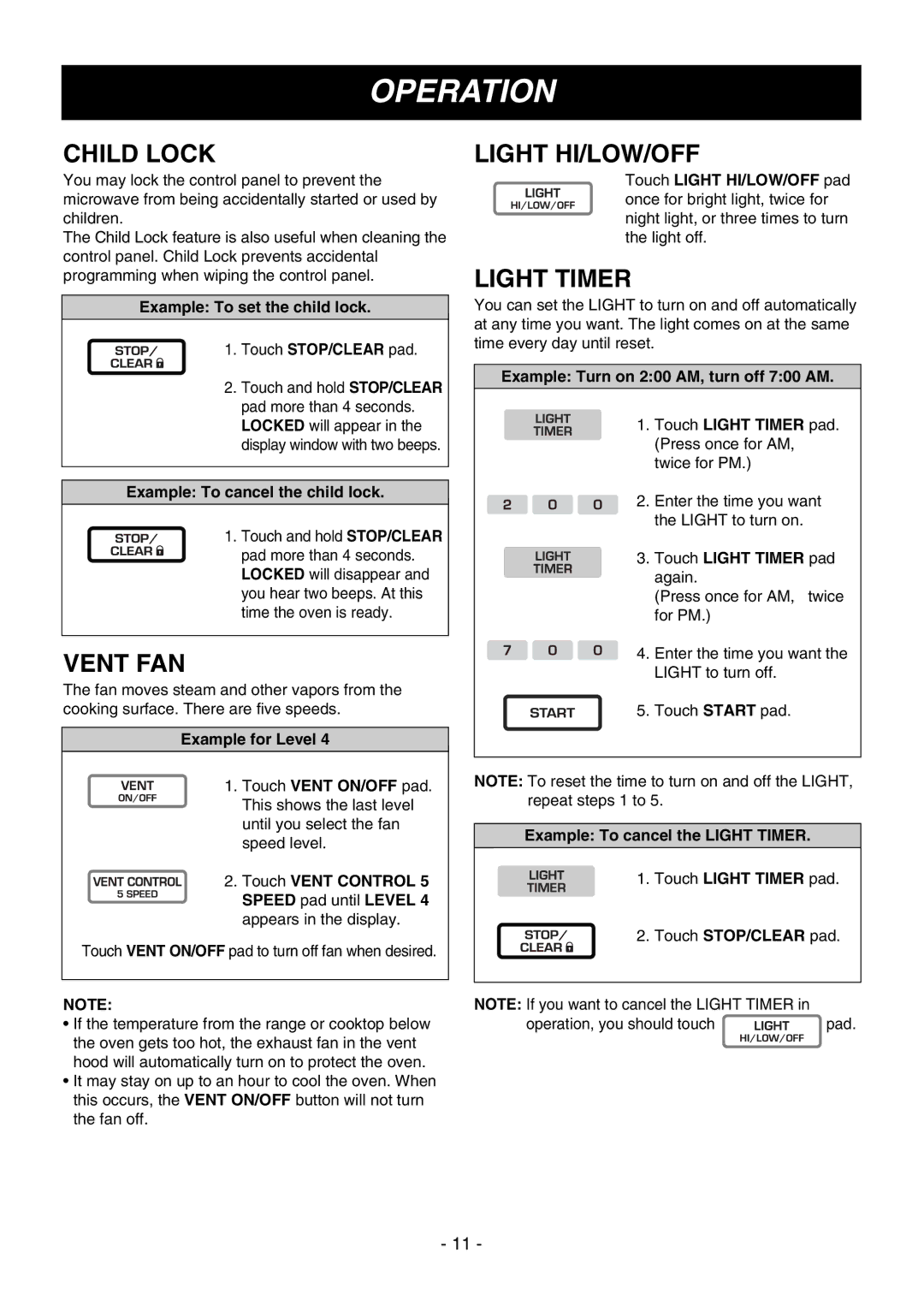 LG Electronics LMV1645SBQ, LMV1645ST, LMV1645SW owner manual Child Lock, Vent FAN, Light HI/LOW/OFF, Light Timer 