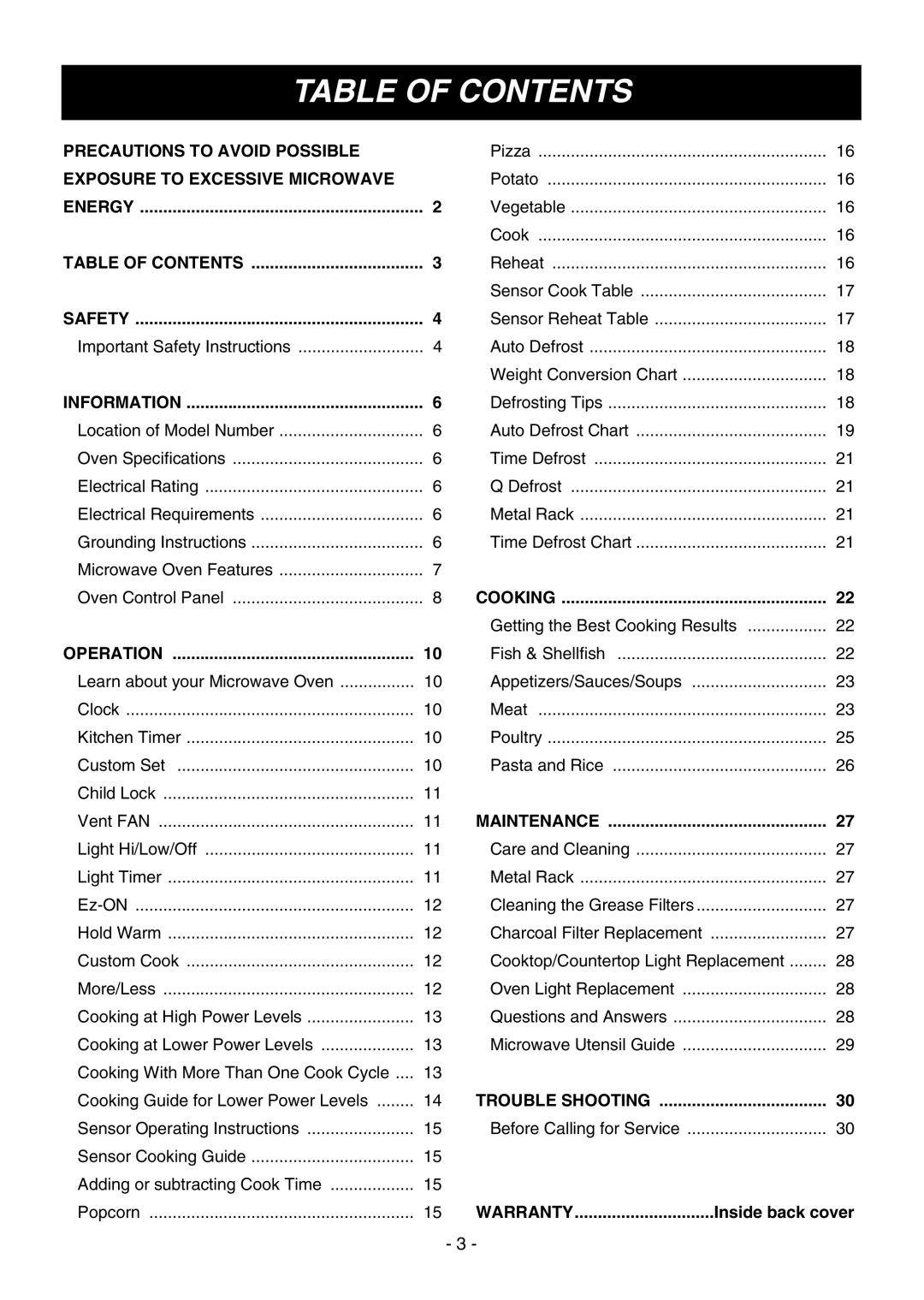 LG Electronics LMV1645SBQ, LMV1645ST, LMV1645SW owner manual Table of Contents 