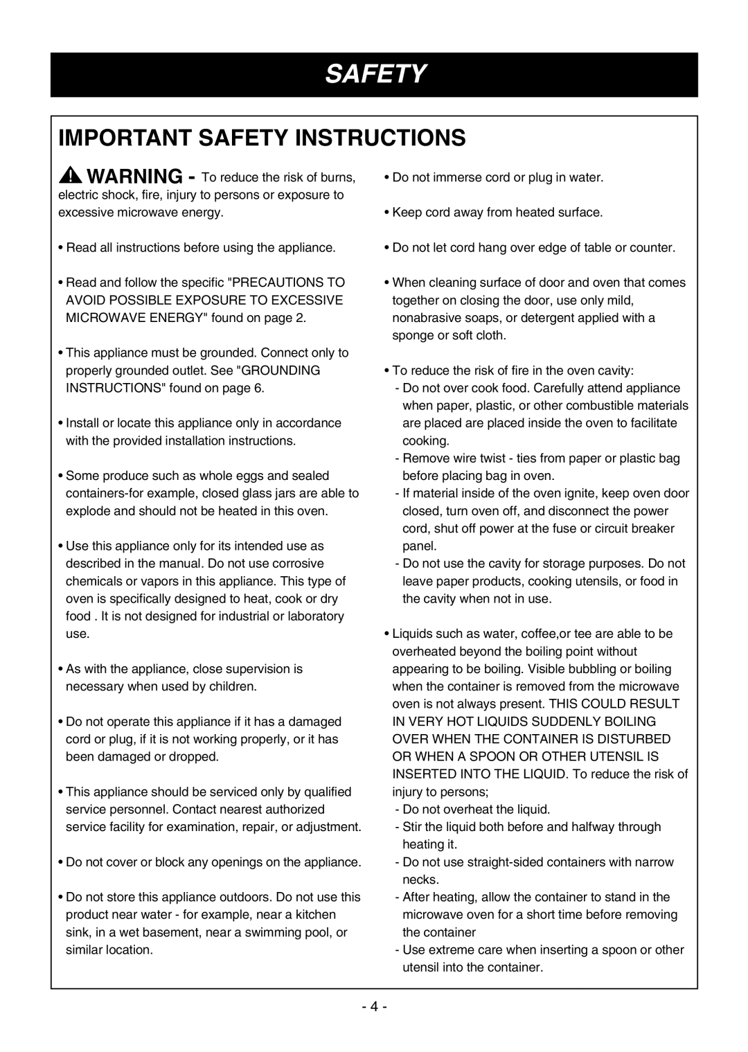 LG Electronics LMV1645ST, LMV1645SW, LMV1645SBQ owner manual Important Safety Instructions 