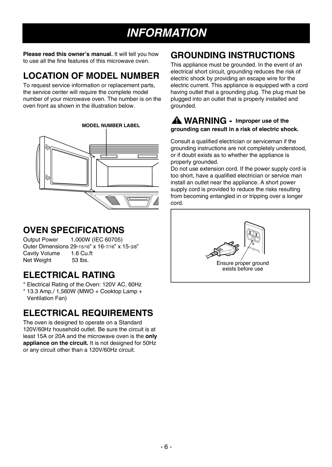 LG Electronics LMV1645ST, LMV1645SW, LMV1645SBQ owner manual Information 