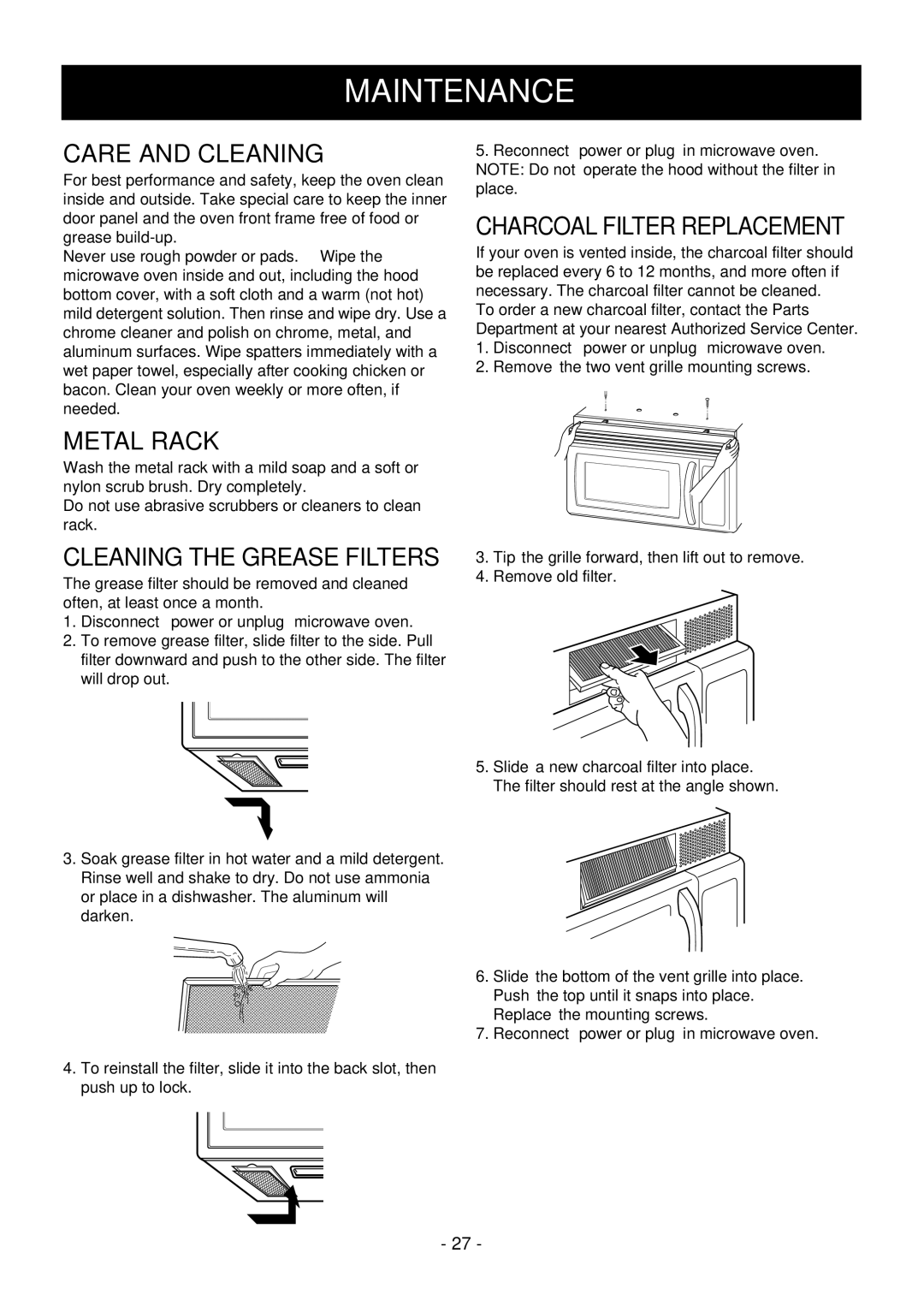 LG Electronics LMV1650SW, LMV1650SB manual Maintenance, Care and Cleaning, Charcoal Filter Replacement 