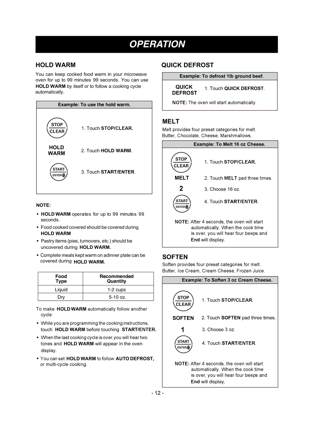 LG Electronics LMV1680DW, LMV1680DB owner manual Hold Warm, Quick Defrost, Melt, Soften 