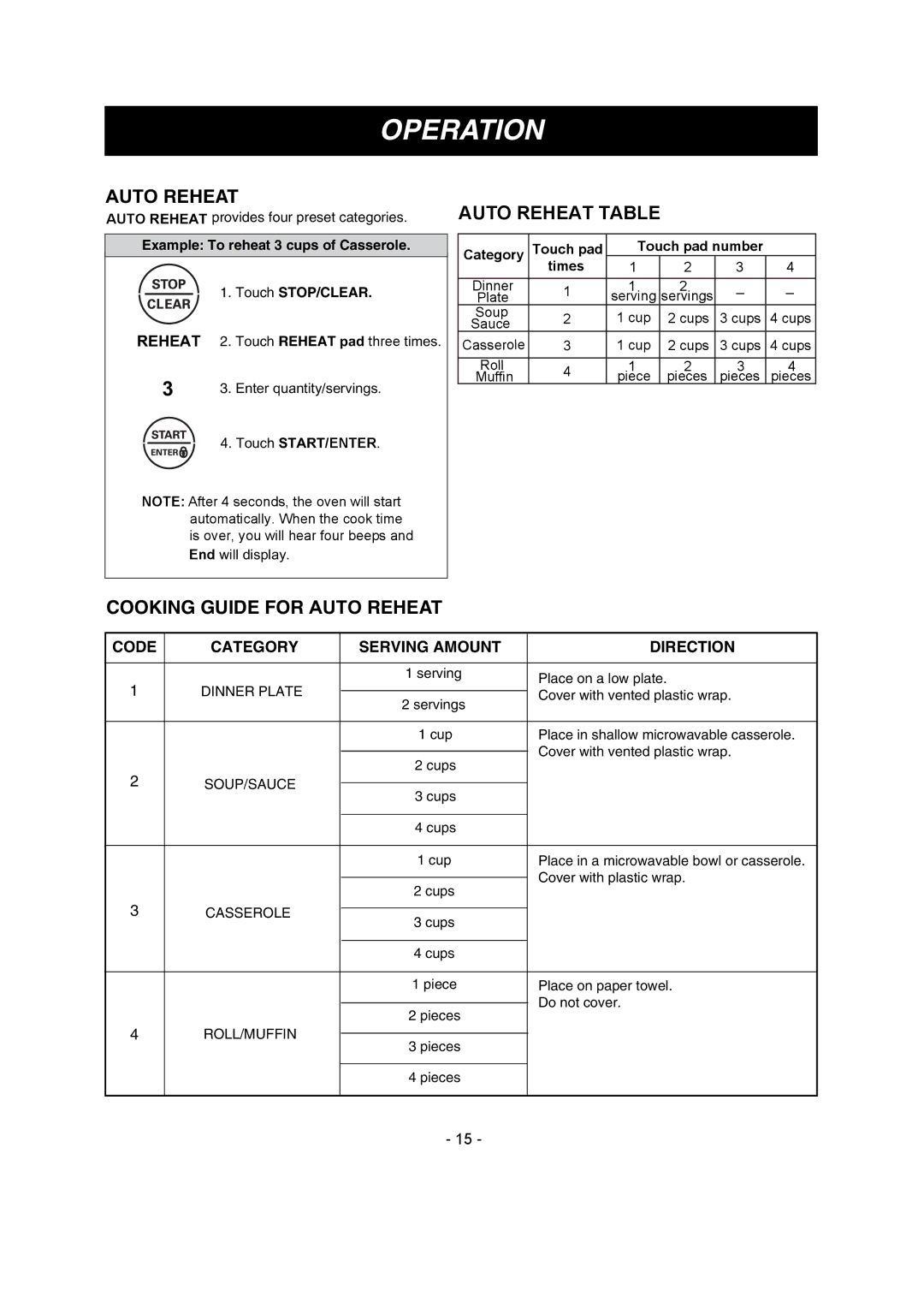 LG Electronics LMV1680DB Auto Reheat Table, Cooking Guide for Auto Reheat, Code Category Serving Amount Direction 