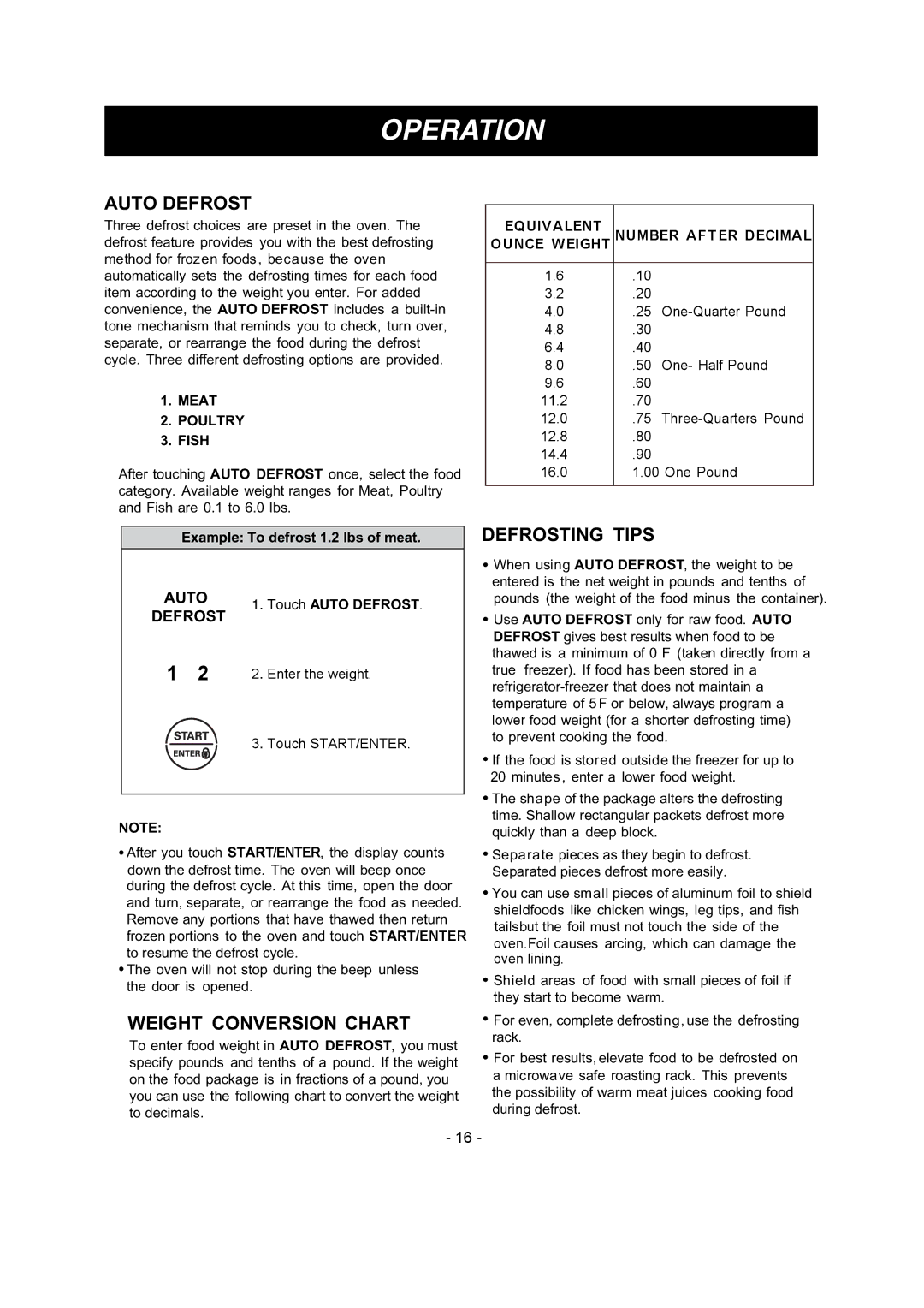 LG Electronics LMV1680DW, LMV1680DB owner manual Auto Defrost, Weight Conversion Chart, Defrosting Tips 