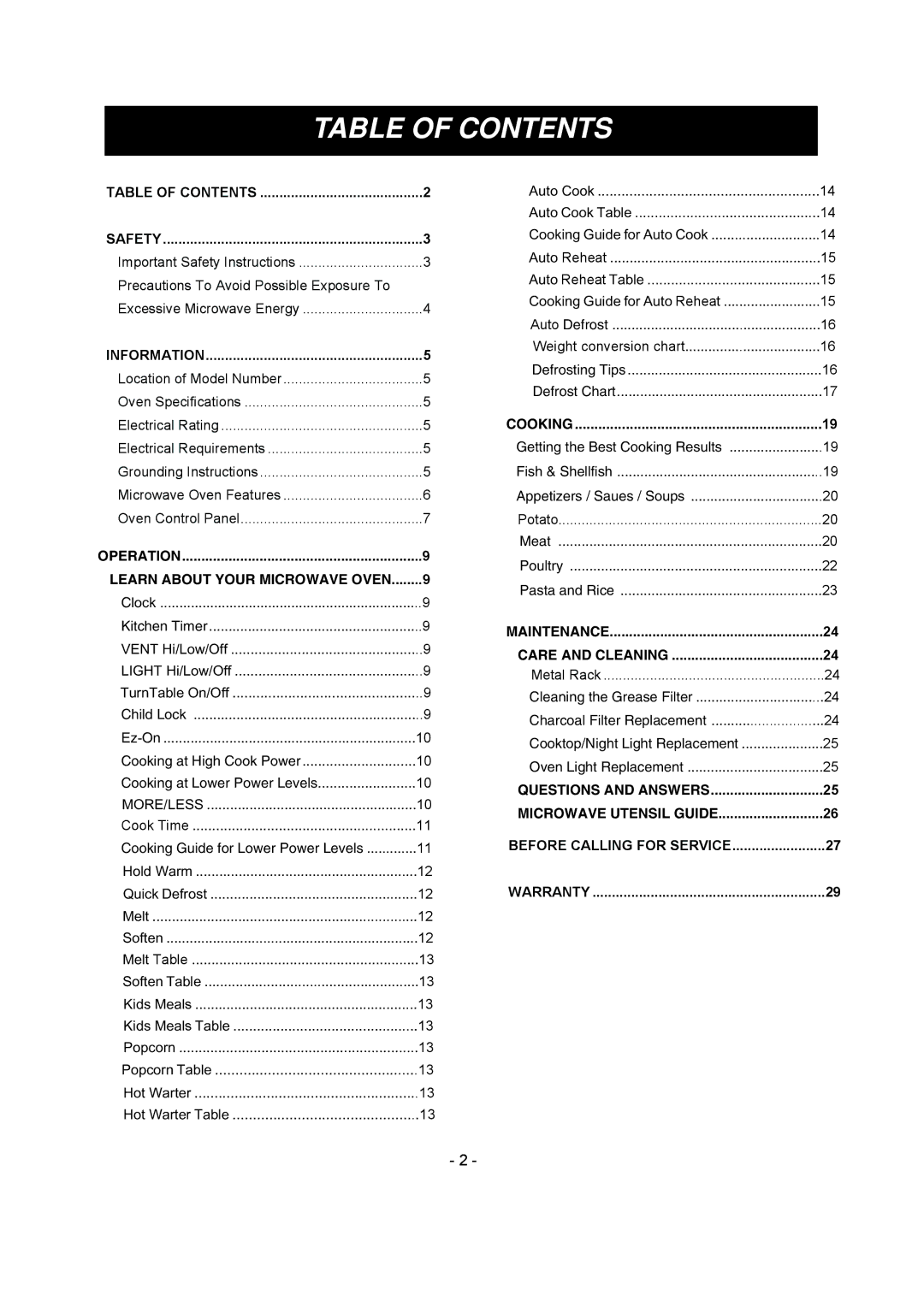 LG Electronics LMV1680DW, LMV1680DB owner manual Table of Contents 