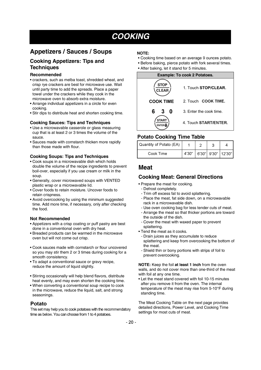 LG Electronics LMV1680DW, LMV1680DB owner manual Cooking Appetizers Tips Techniques, Cooking Meat General Directions 