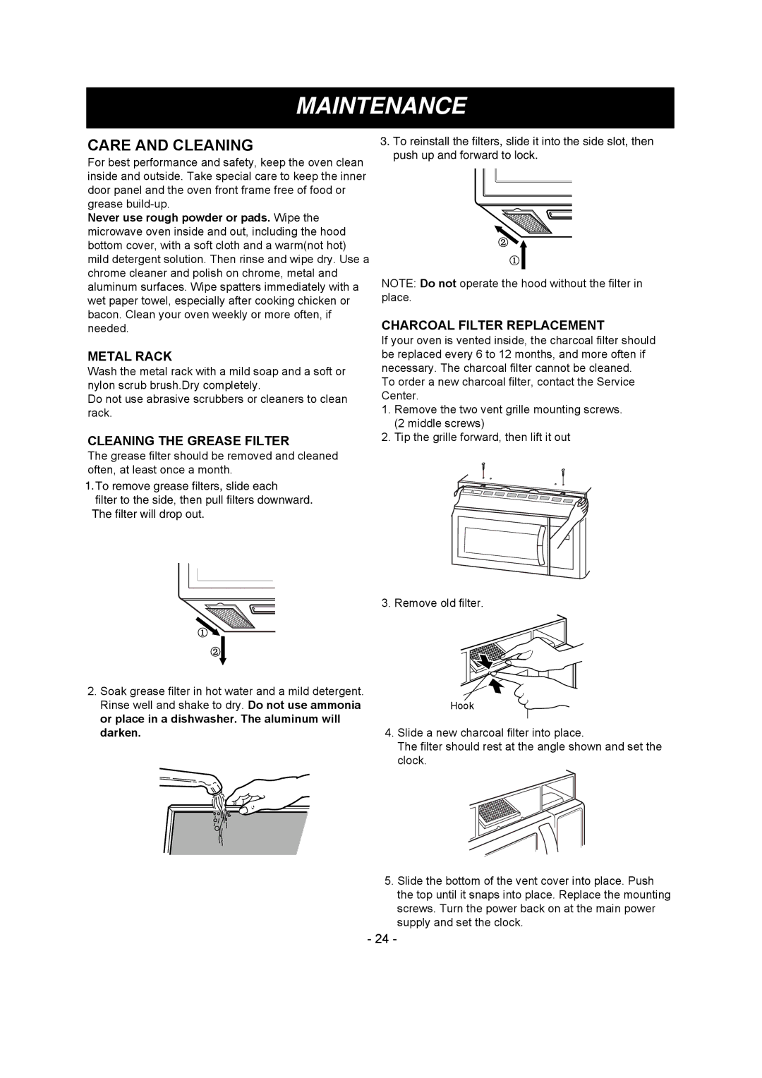 LG Electronics LMV1680DW, LMV1680DB owner manual Maintenance, Care and Cleaning, Metal Rack, Cleaning the Grease Filter 