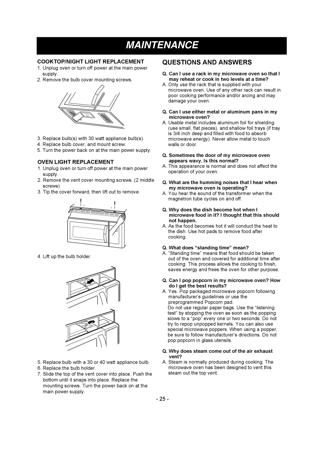 LG Electronics LMV1680DB, LMV1680DW Questions and Answers, COOKTOP/NIGHT Light Replacement, Oven Light Replacement 