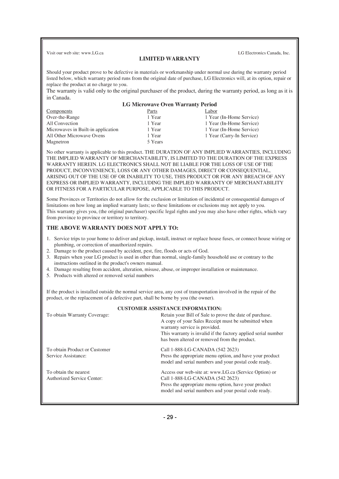 LG Electronics LMV1680DB, LMV1680DW owner manual Limited Warranty 