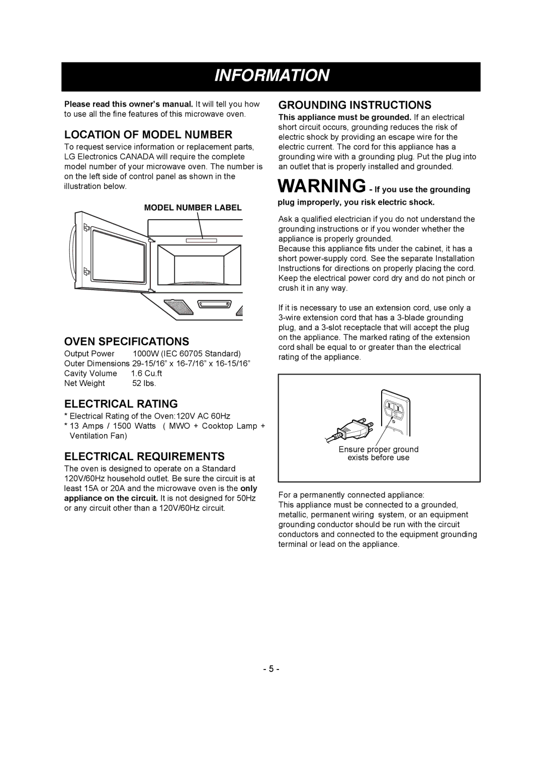 LG Electronics LMV1680DB, LMV1680DW owner manual Information 