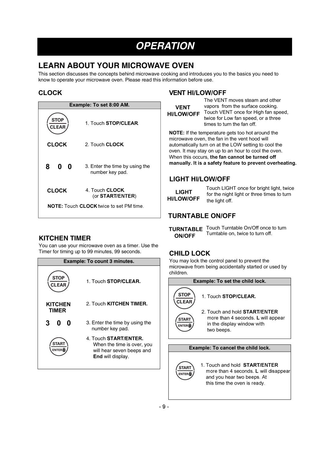 LG Electronics LMV1680DB, LMV1680DW owner manual Operation, Kitchen Timer, Child Lock 