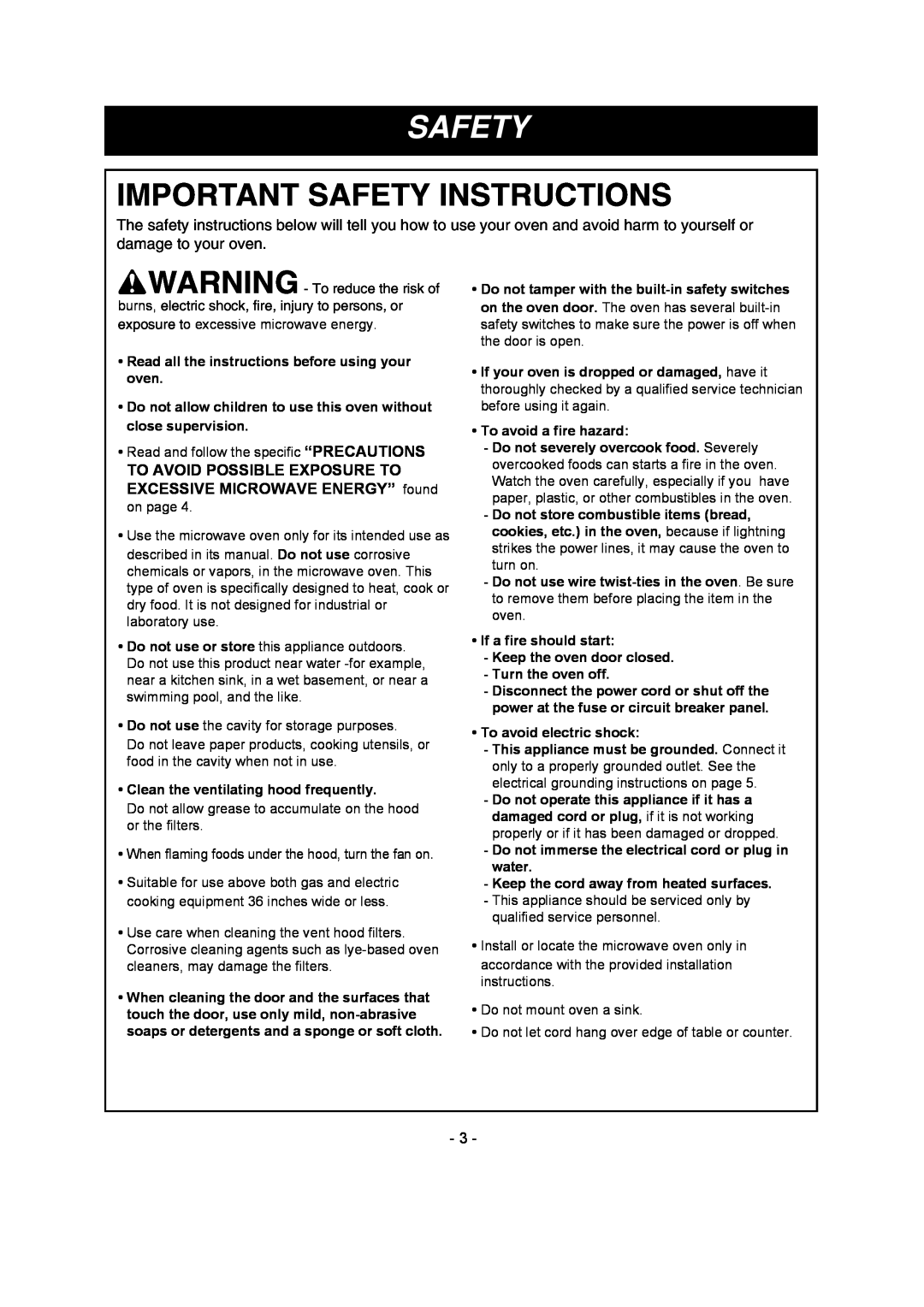 LG Electronics LMV1680DB, LMV1680DW owner manual Important Safety Instructions 