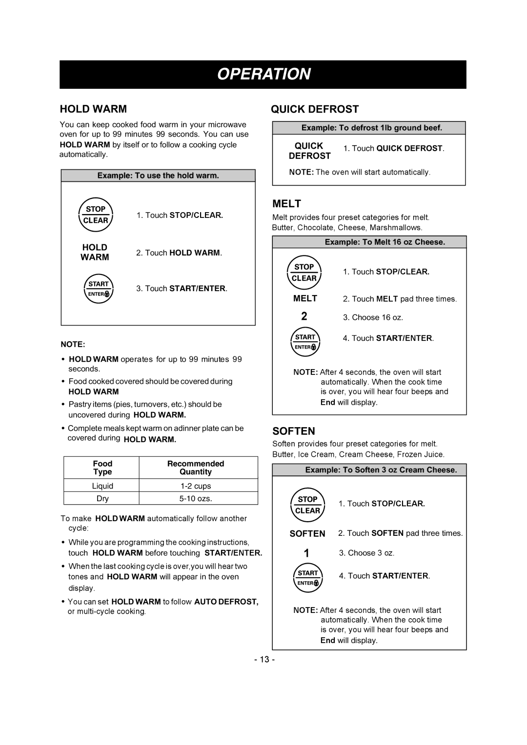 LG Electronics LMV1680BB, LMV1680WW, LMV1680ST owner manual Hold Warm, Quick Defrost, Melt, Soften 