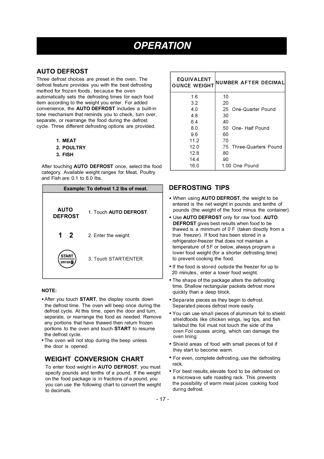 LG Electronics LMV1680ST, LMV1680WW, LMV1680BB owner manual Auto Defrost, Weight Conversion Chart, Defrosting Tips 