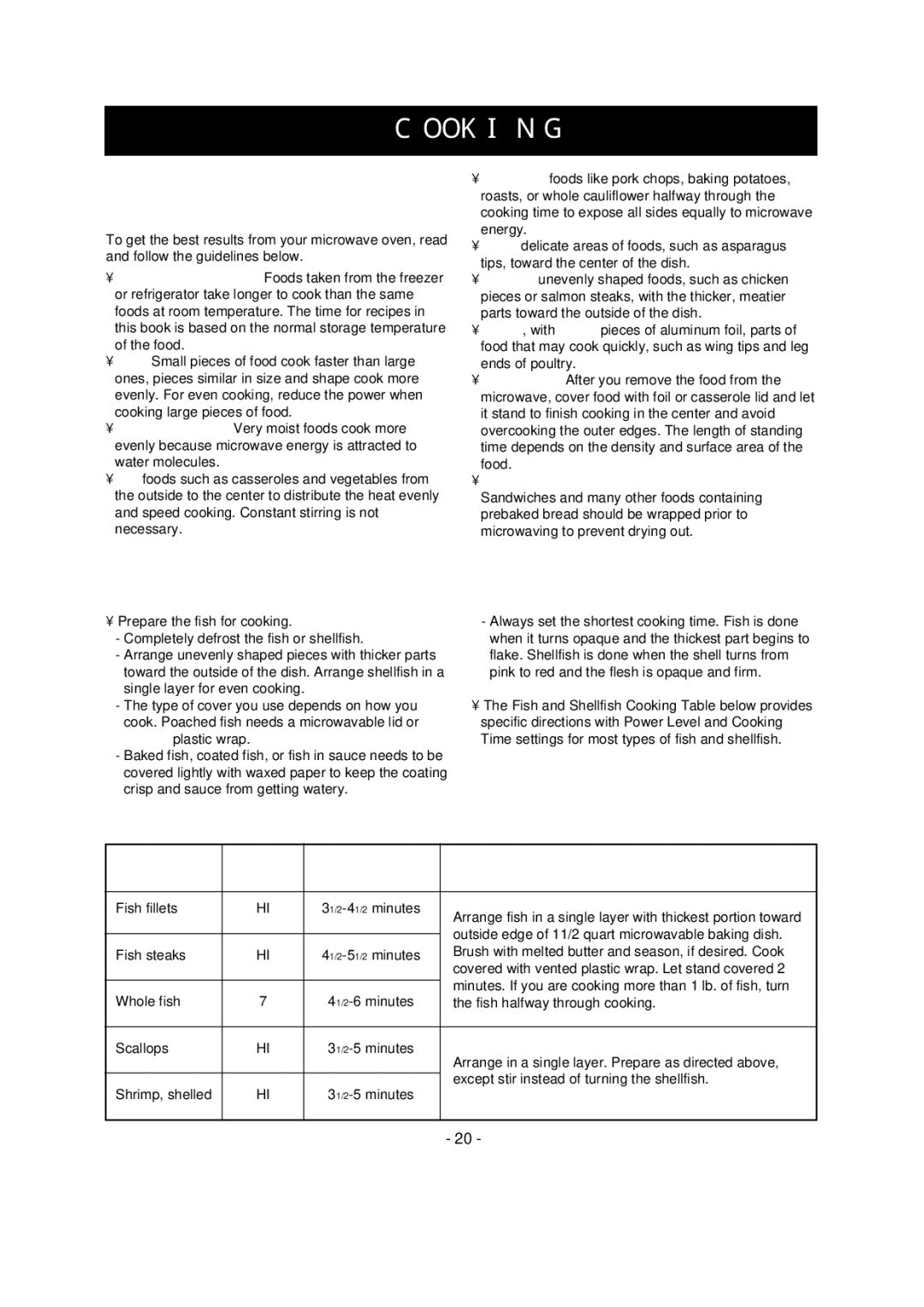 LG Electronics LMV1680ST, LMV1680WW Cooking Fish and Shellfish General Directions, Fish And Shellfish Cooking Table 