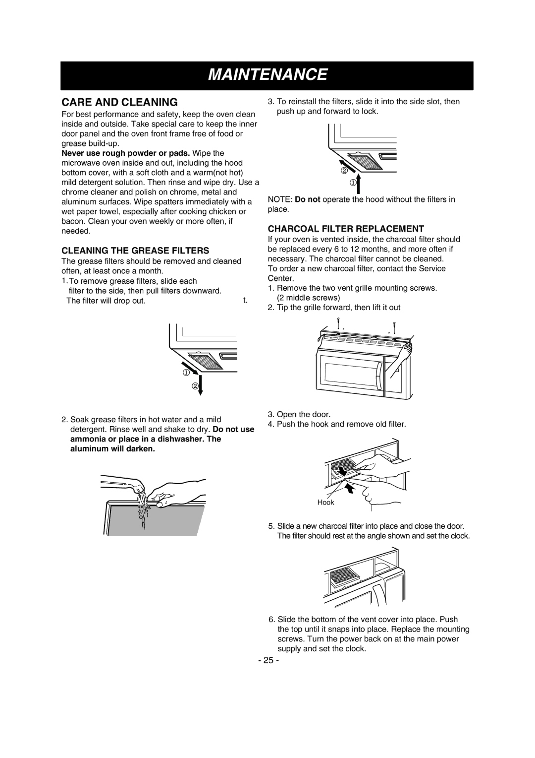 LG Electronics LMV1680BB Maintenance, Care and Cleaning, Cleaning the Grease Filters, Charcoal Filter Replacement 