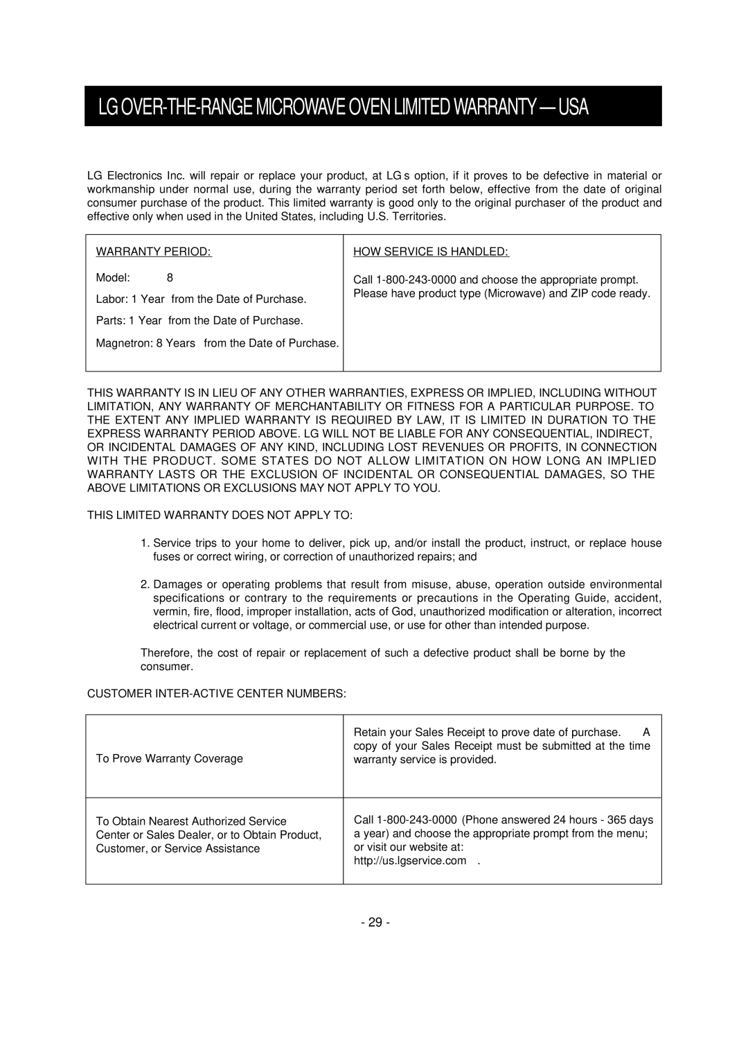 LG Electronics LMV1680ST, LMV1680WW Warranty Period, HOW Service is Handled, Customer INTER-ACTIVE Center Numbers 