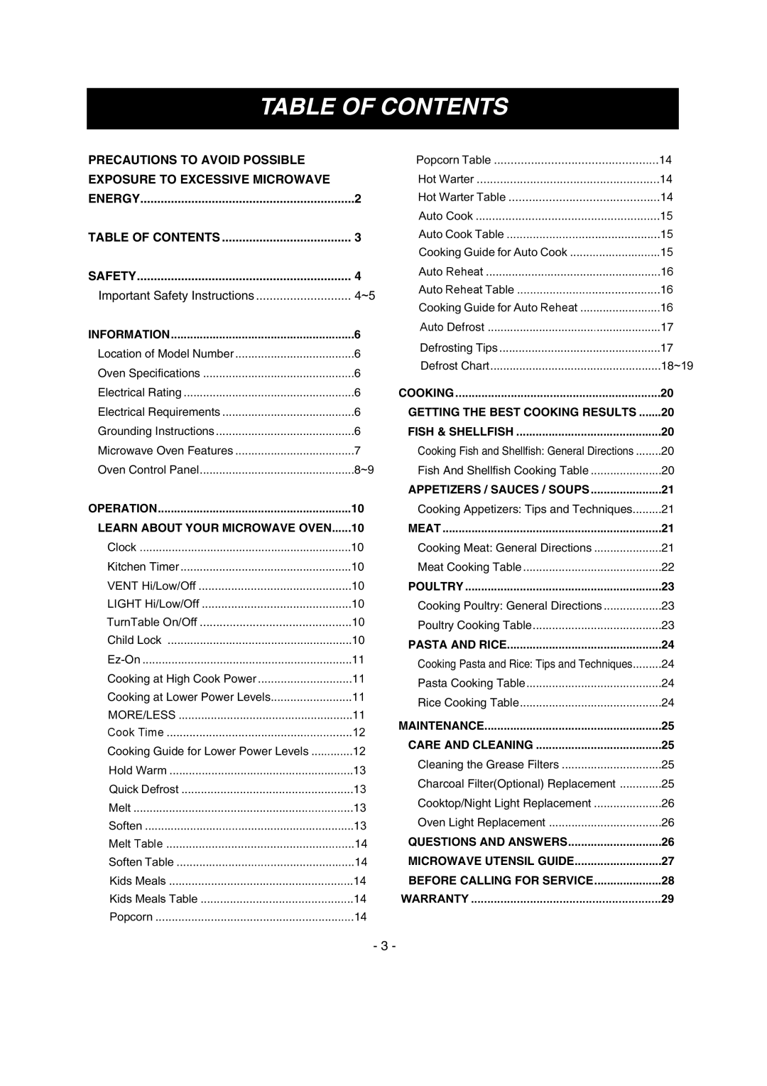 LG Electronics LMV1680WW, LMV1680BB, LMV1680ST owner manual Table of Contents 