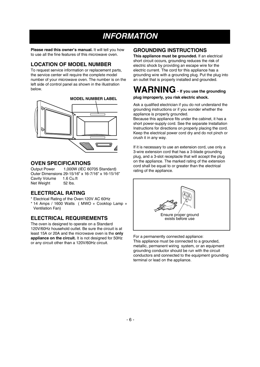 LG Electronics LMV1680WW, LMV1680BB, LMV1680ST owner manual Information 