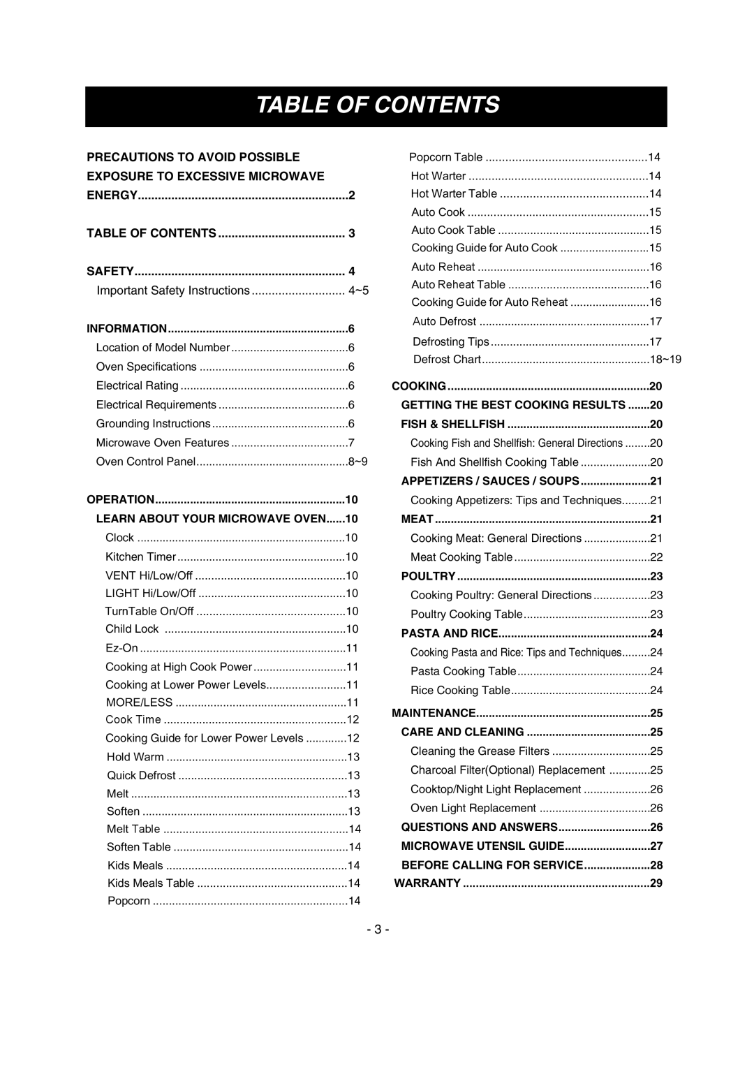 LG Electronics LMV1680WW Table Of Contents, Precautions To Avoid Possible, Exposure To Excessive Microwave, Warranty 