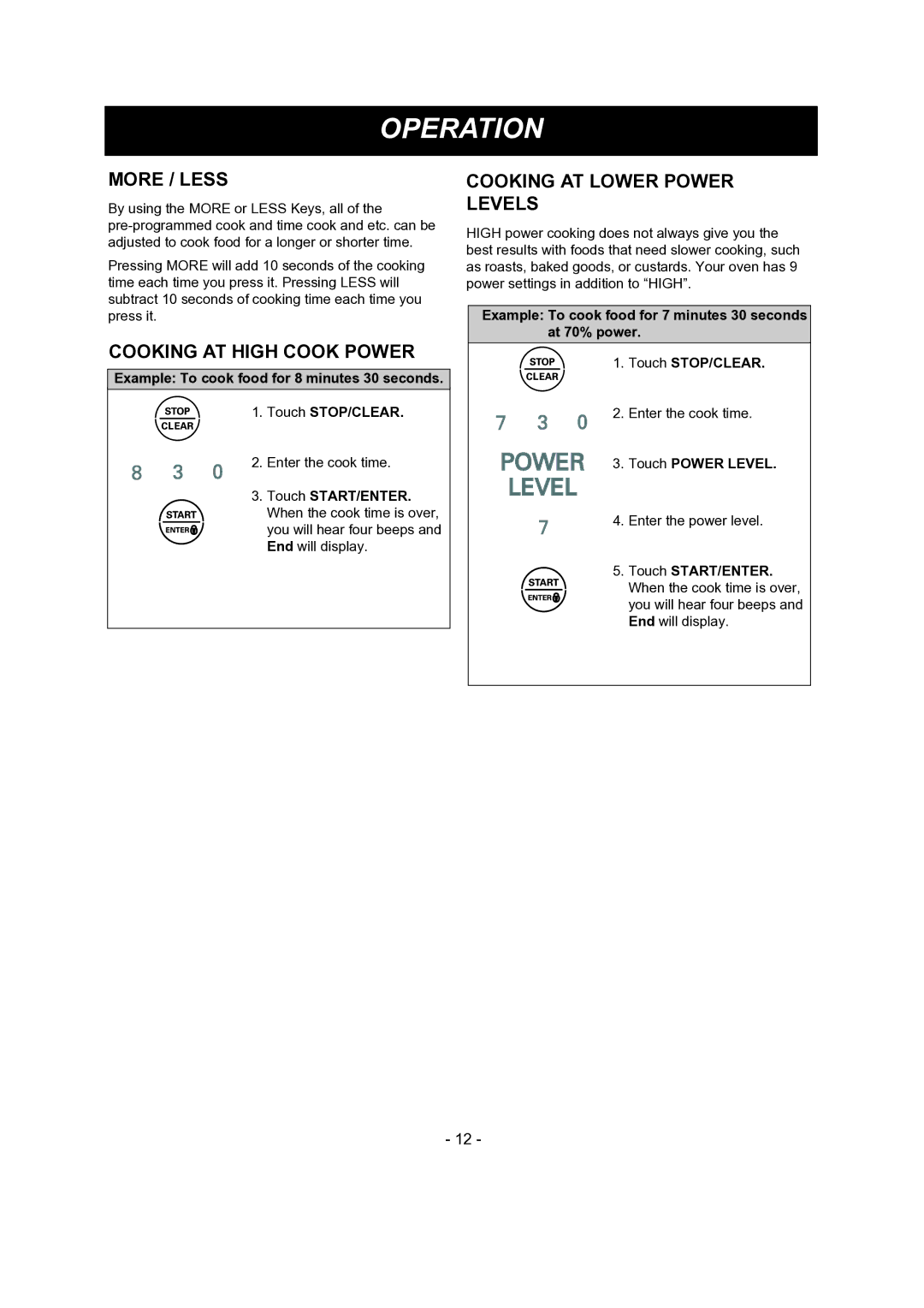 LG Electronics LMV1681SB manual More / Less, Cooking AT High Cook Power, Cooking AT Lower Power Levels, Touch Power Level 