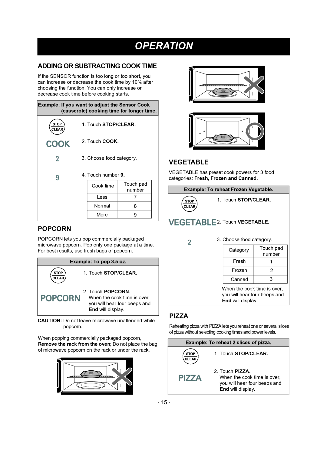 LG Electronics LMV1681SB, LMV1681SW, 1SS6LMV1 8 manual Adding or Subtracting Cook Time, Popcorn, Vegetable, Pizza 