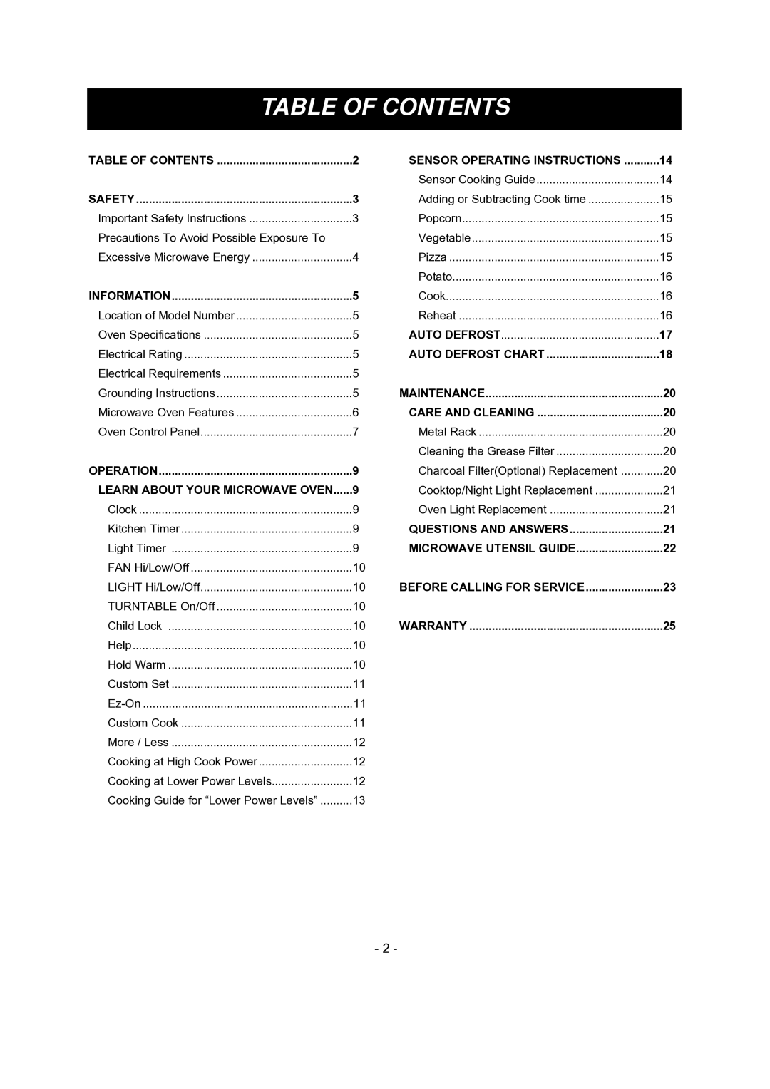 LG Electronics 1SS6LMV1 8, LMV1681SB, LMV1681SW manual Table of Contents 