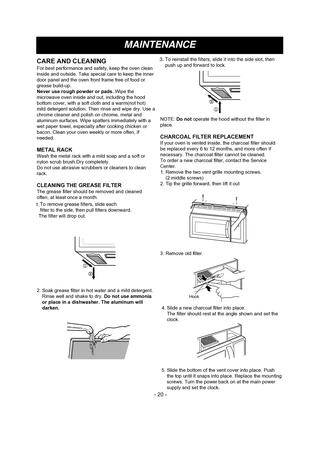 LG Electronics 1SS6LMV1 8, LMV1681SB, LMV1681SW manual Maintenance, Care and Cleaning, Metal Rack, Cleaning the Grease Filter 