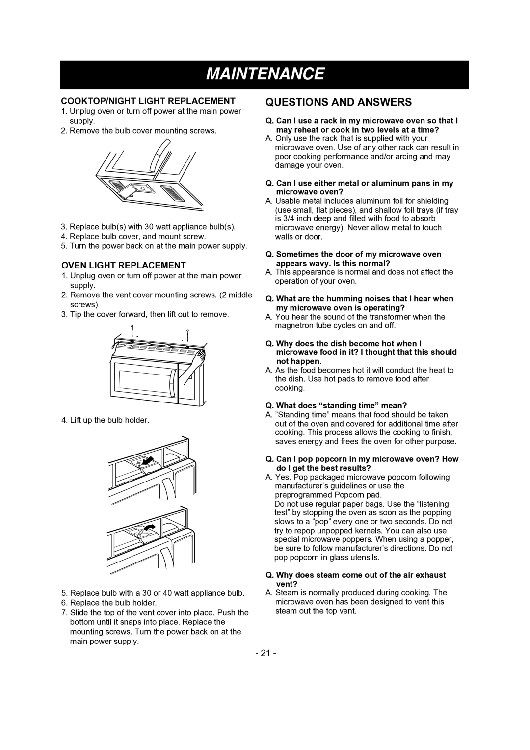 LG Electronics LMV1681SB, LMV1681SW manual Questions and Answers, COOKTOP/NIGHT Light Replacement, Oven Light Replacement 