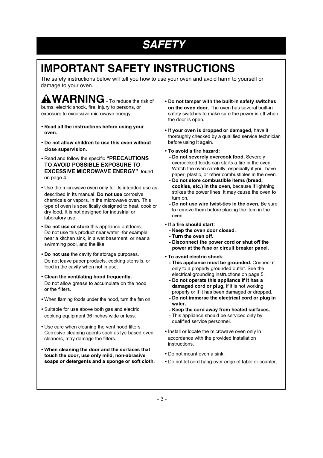 LG Electronics LMV1681SB, LMV1681SW, 1SS6LMV1 8 manual Safety, Clean the ventilating hood frequently 