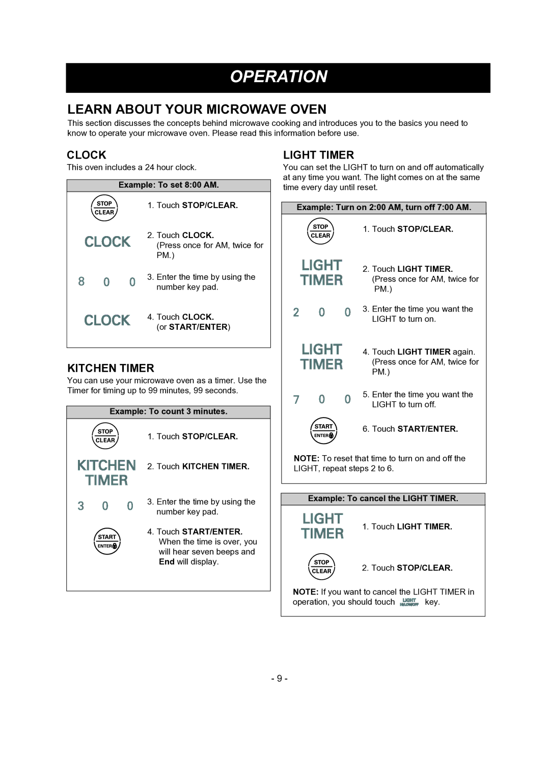 LG Electronics LMV1681SB, LMV1681SW, 1SS6LMV1 8 manual Clock, Kitchen Timer, Light Timer 