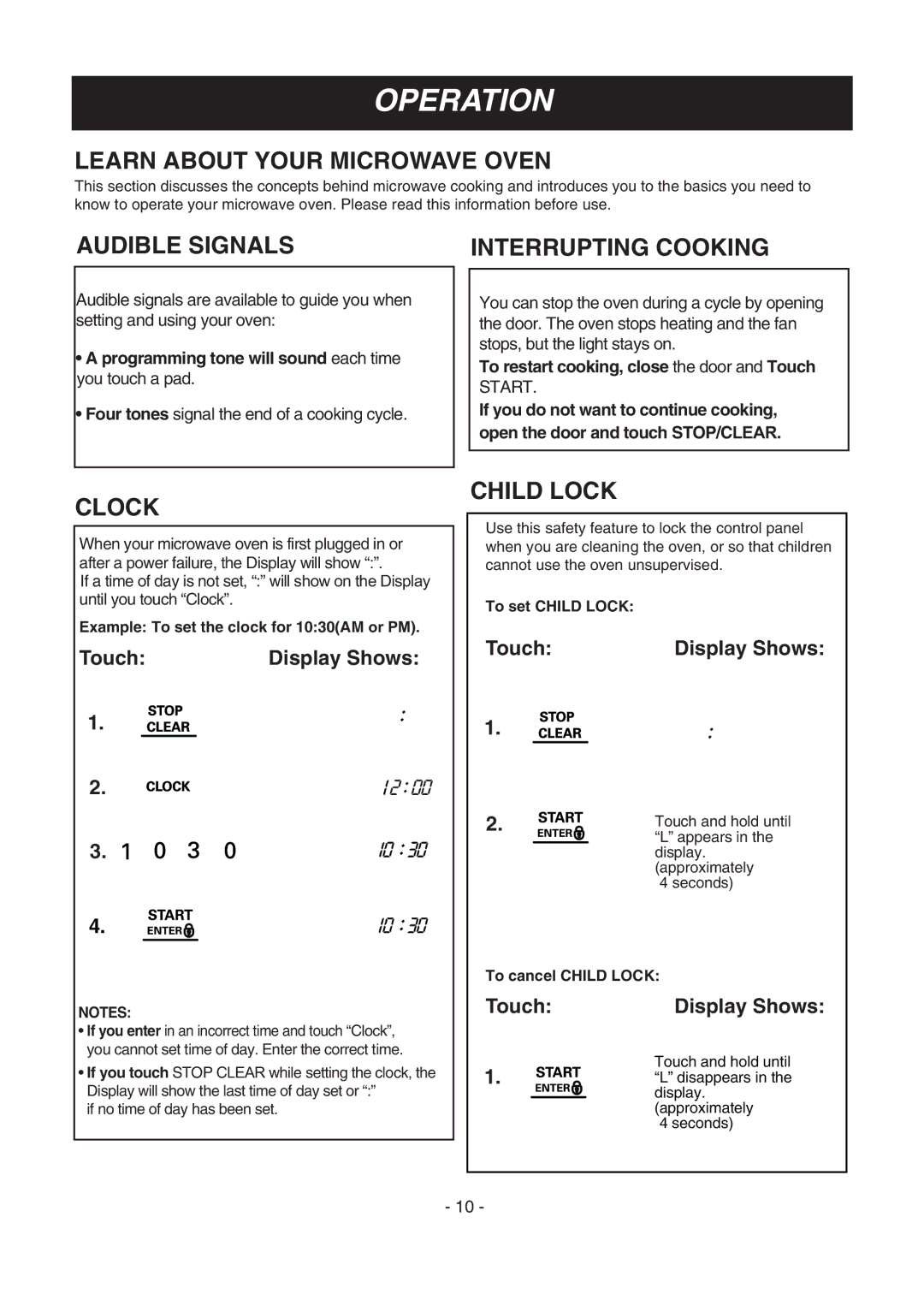 LG Electronics LMV1683ST manual Learn about Your Microwave Oven, Audible Signals, Interrupting Cooking, Clock, Child Lock 