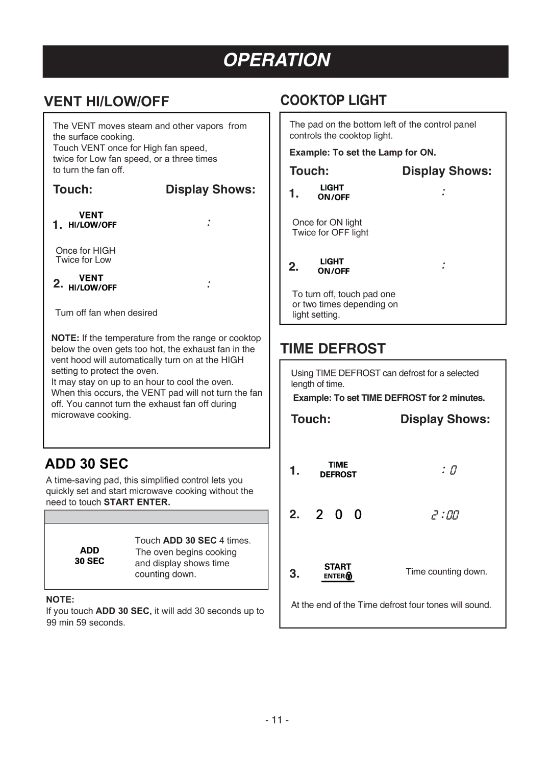LG Electronics LMV1683ST manual Cooktop Light, Time Defrost, Once for High Twice for Low Turn off fan when desired 