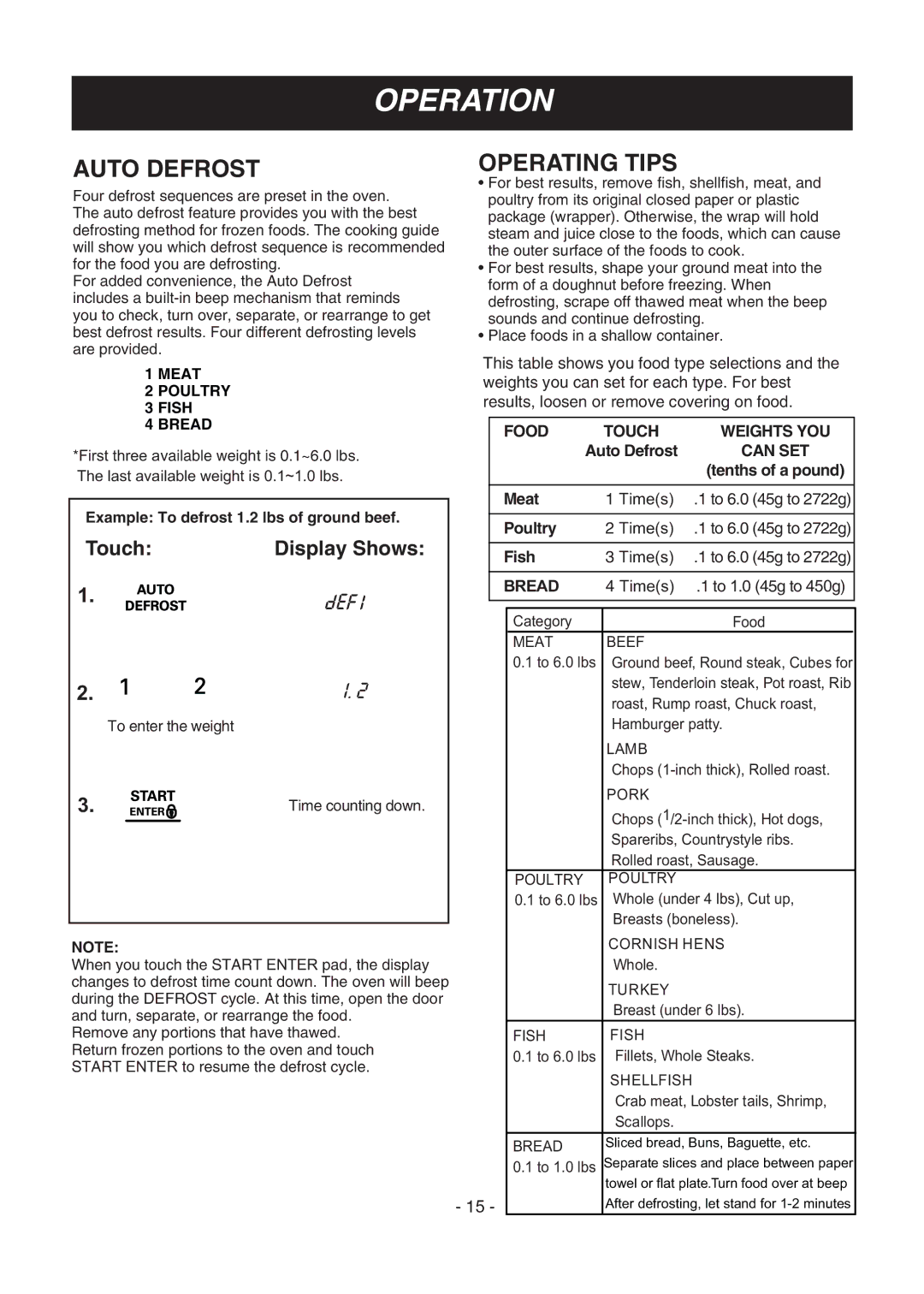 LG Electronics LMV1683ST manual Auto Defrost, Operating Tips, Food Touch Weights YOU, Can SET 