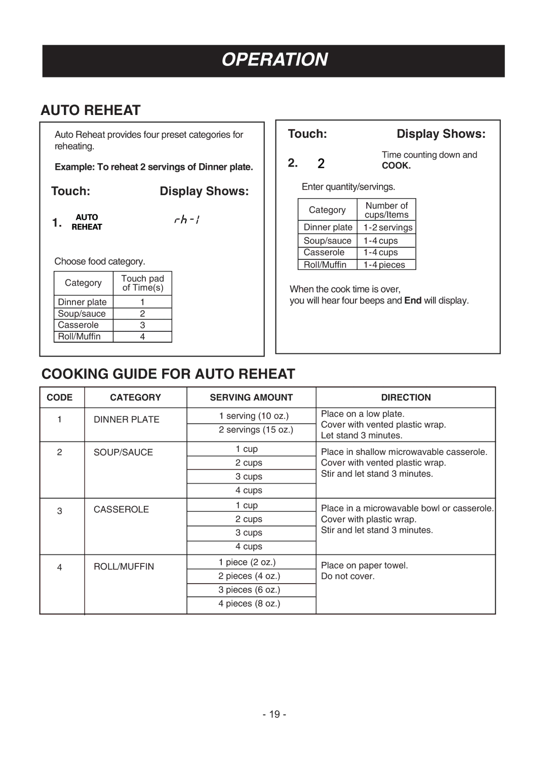 LG Electronics LMV1683ST manual Cooking Guide for Auto Reheat, Example To reheat 2 servings of Dinner plate 