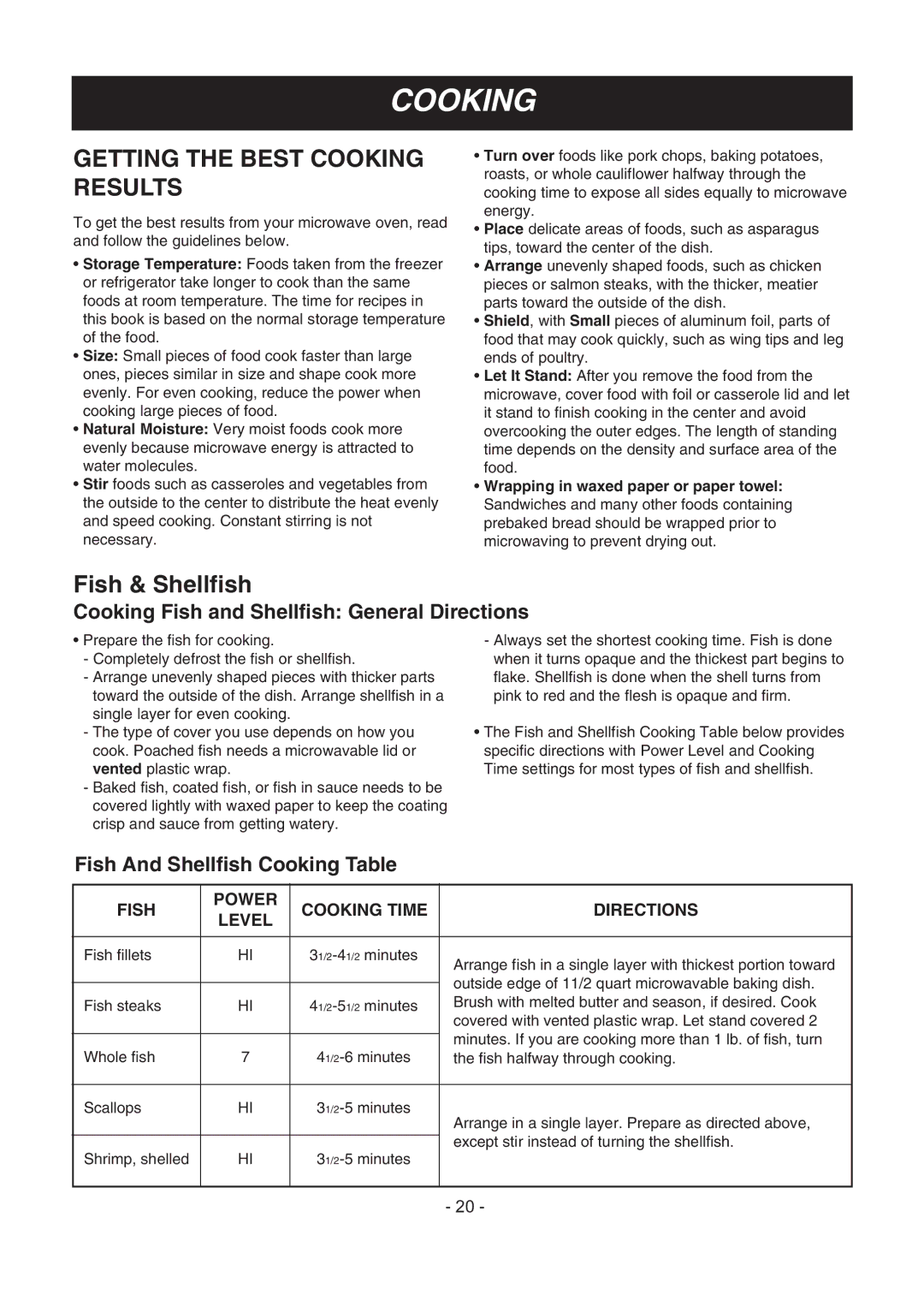 LG Electronics LMV1683ST manual Getting the Best Cooking Results, Cooking Fish and Shellfish General Directions 