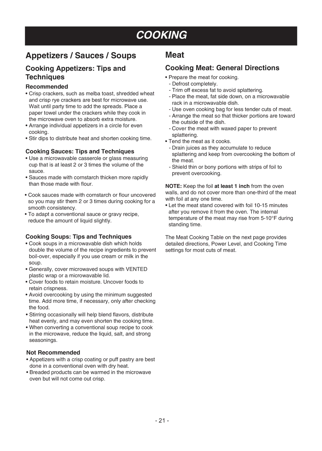 LG Electronics LMV1683ST manual Cooking Appetizers Tips and Techniques, Cooking Meat General Directions 