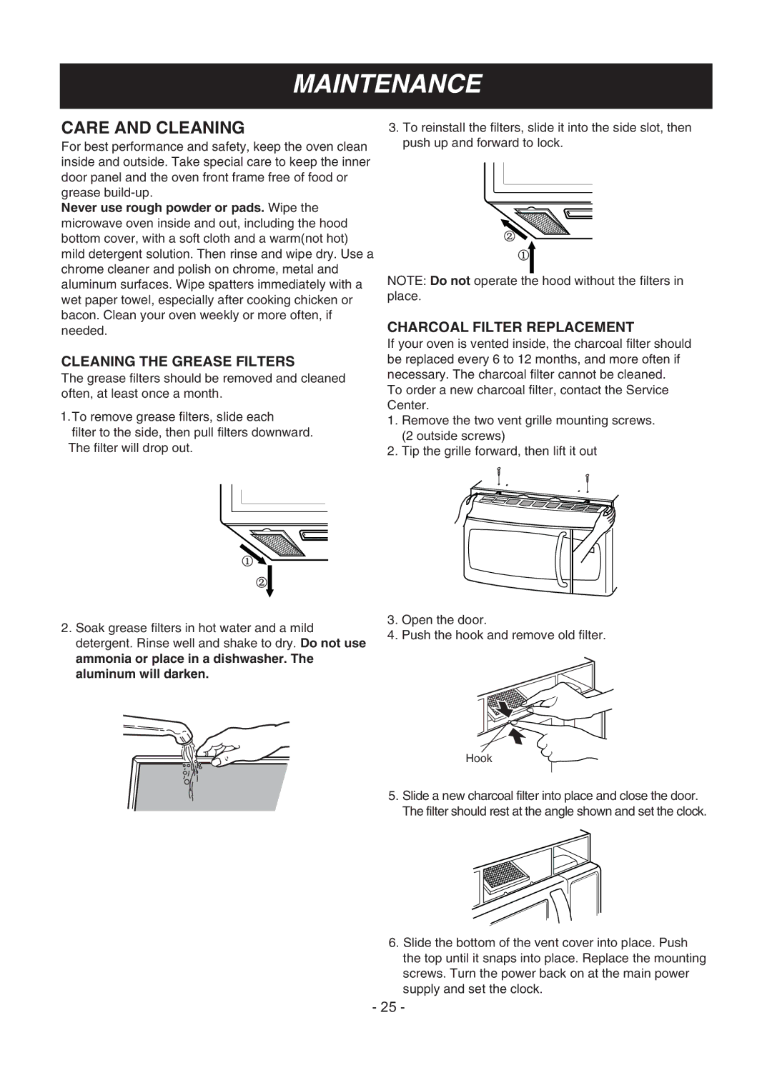 LG Electronics LMV1683ST manual Cleaning the Grease Filters, Charcoal Filter Replacement 